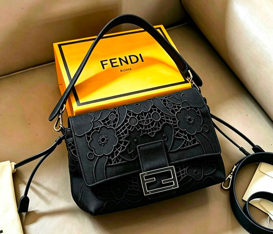 Fendi Black Floral Lace Embroidered Baguette Bag