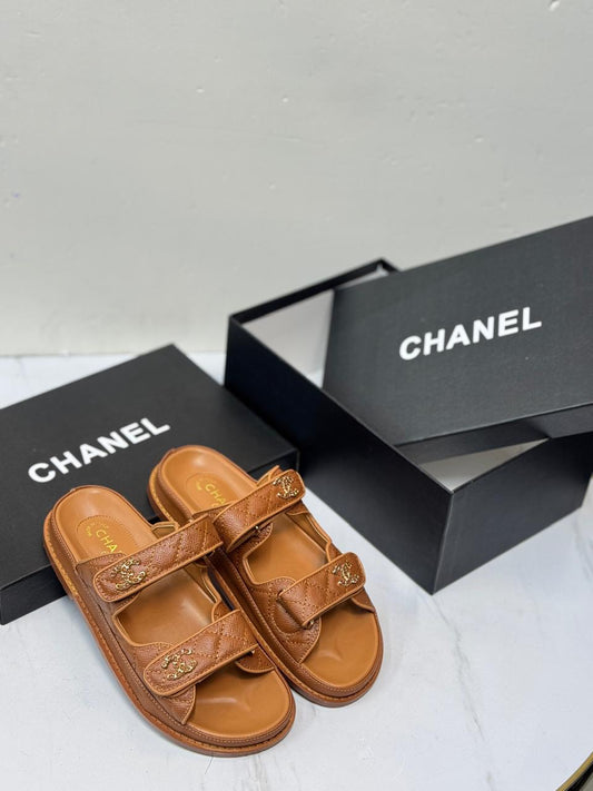 Channel Tan Quilted Leather Double Strap Sandals