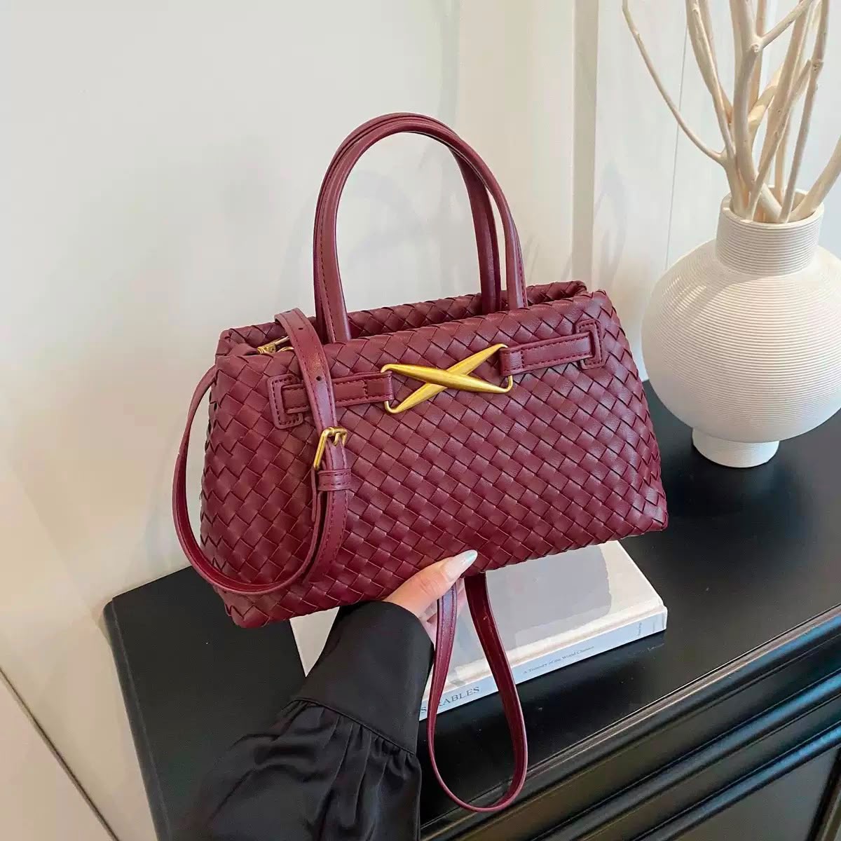 Burgundy Woven Leather Bottega-Inspired Tote Bag