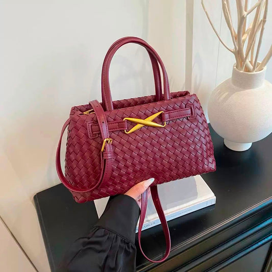 Burgundy Woven Leather Bottega-Inspired Tote Bag