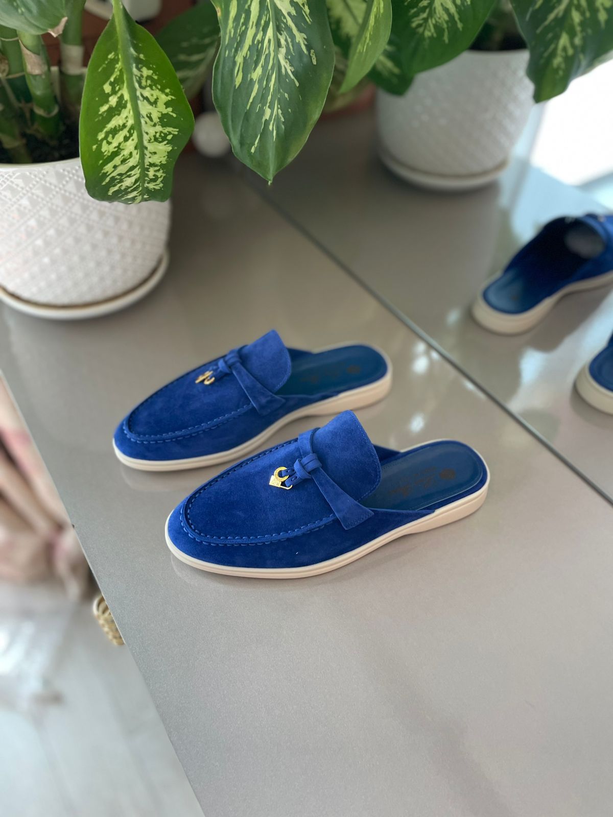 Loro Piana Women's Cobalt Blue Suede Mule Loafers – Backless Slip-On Flats
