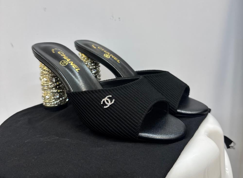 Chanel-Inspired Black Pearl Heel Slide Sandals