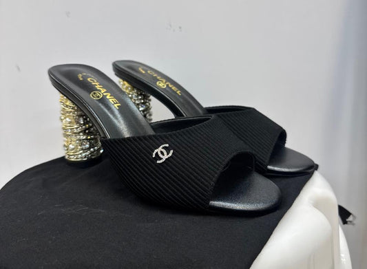Chanel-Inspired Black Pearl Heel Slide Sandals