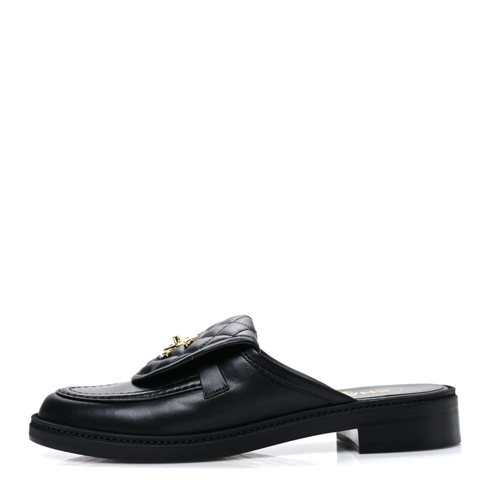Channel Black Quilted Leather Flat Mule Slides