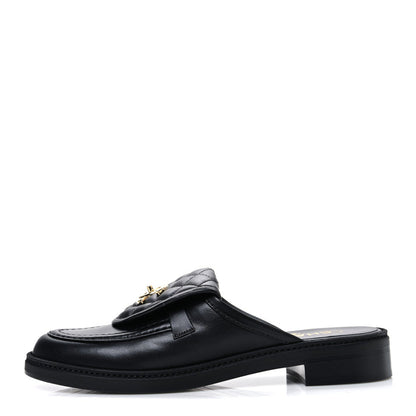 Channel Black Quilted Leather Flat Mule Slides