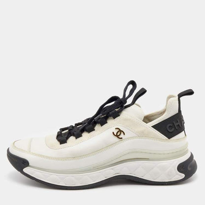 CHANEL Quilted Sole Mesh & Calfskin Sneakers–White/Black