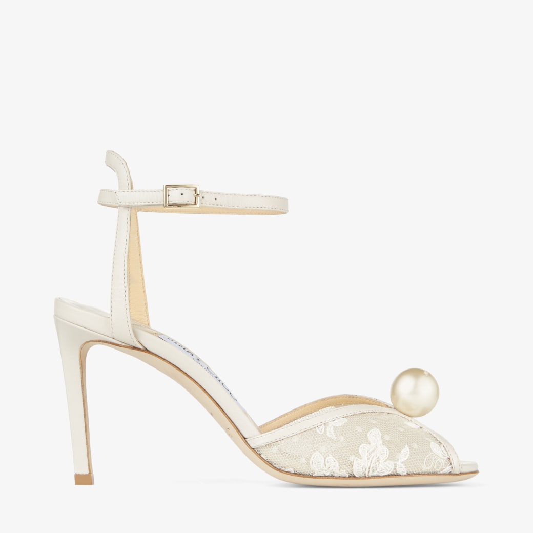 Jimmy Choo White Mesh Lace Pearl Strap Heeled Sandals