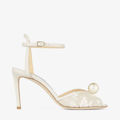 Jimmy Choo White Mesh Lace Pearl Strap Heeled Sandals