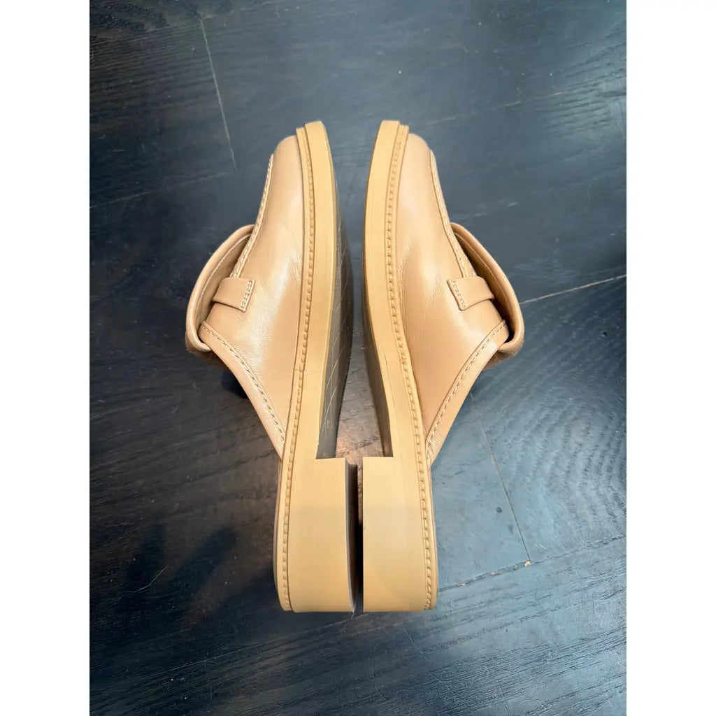 Channel Beige Quilted Leather Flat Mule Slides