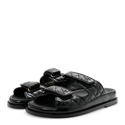 Channel Black Quilted Leather Double Strap Sandals