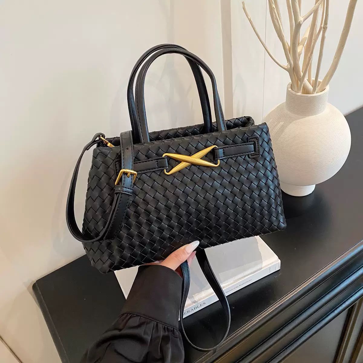Black Woven Leather Bottega-Inspired Tote Bag