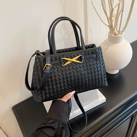 Black Woven Leather Bottega-Inspired Tote Bag