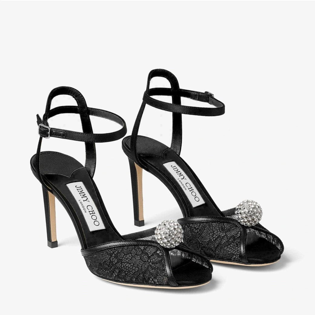 Jimmy Choo Black Lace Crystal-Heeled Sandals