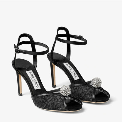 Jimmy Choo Black Lace Crystal-Heeled Sandals