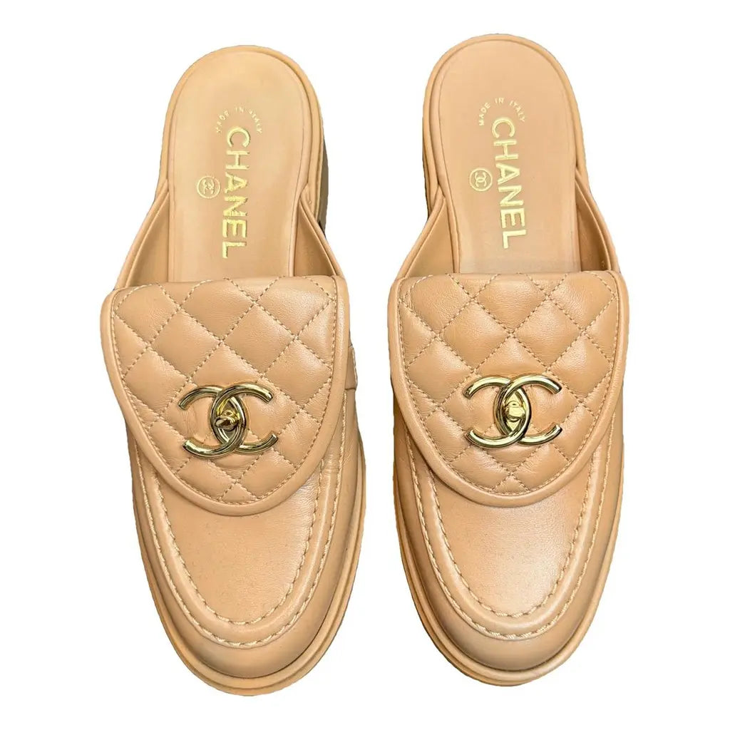 Channel Beige Quilted Leather Flat Mule Slides