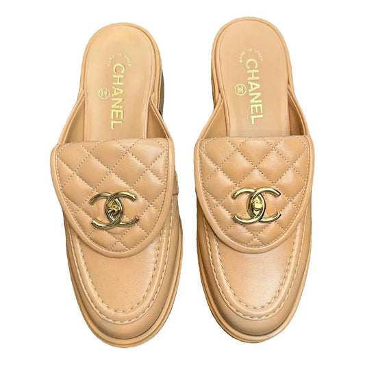 Channel Beige Quilted Leather Flat Mule Slides