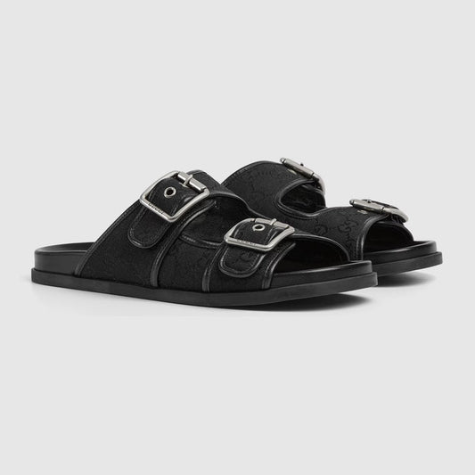 Gucci Double Buckle Suede Slide Sandals black
