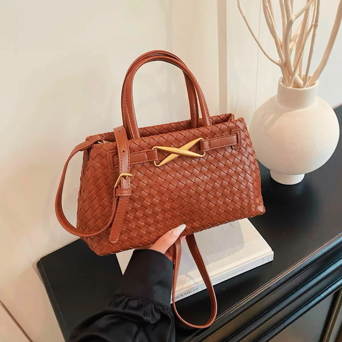 Cognac Woven Leather Bottega-Inspired Tote Bag