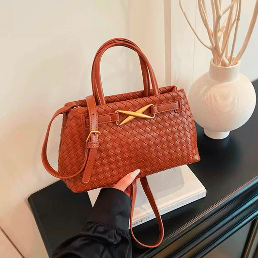 Cognac Woven Leather Bottega-Inspired Tote Bag