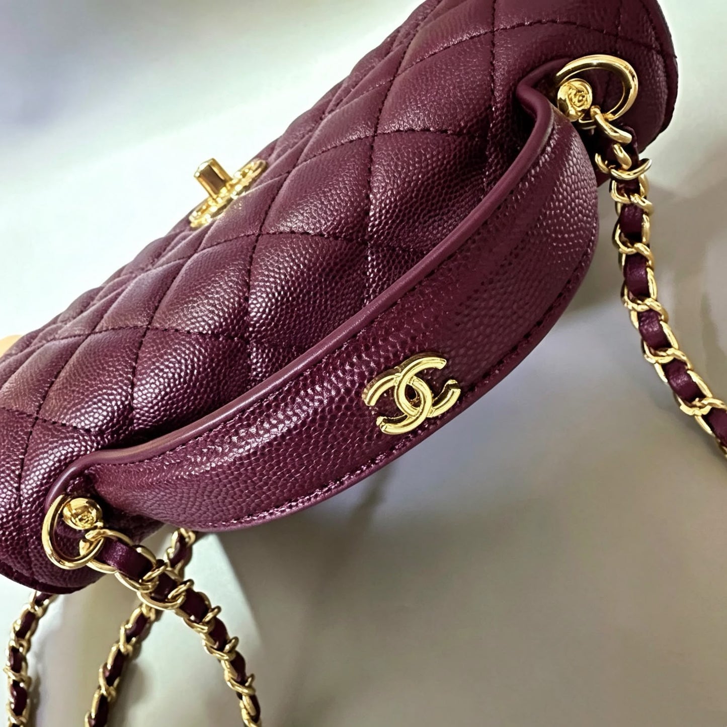 Channel-Burgundy Quilted Top Handle Bag with Gold Chain Strap