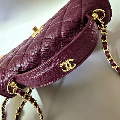 Channel-Burgundy Quilted Top Handle Bag with Gold Chain Strap