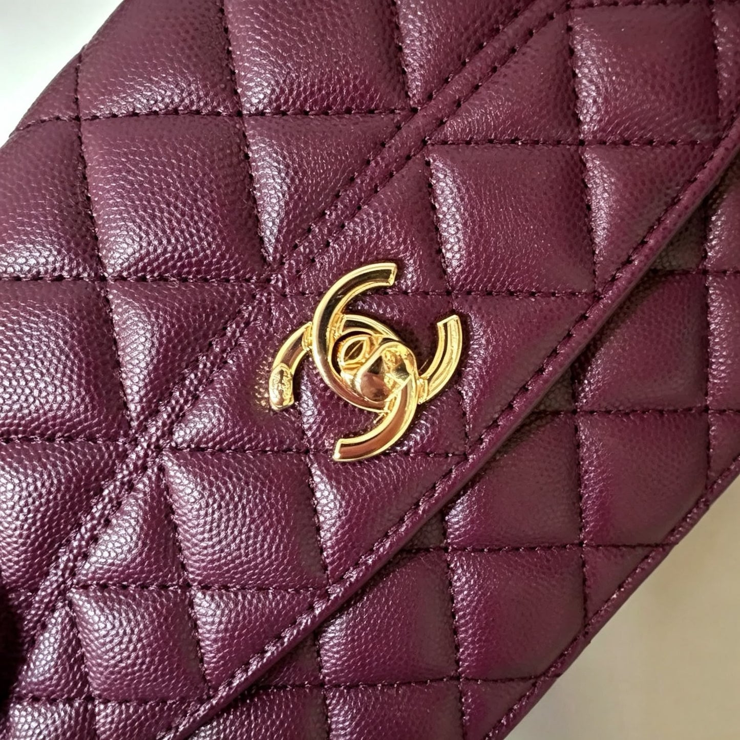 Channel-Burgundy Quilted Top Handle Bag with Gold Chain Strap
