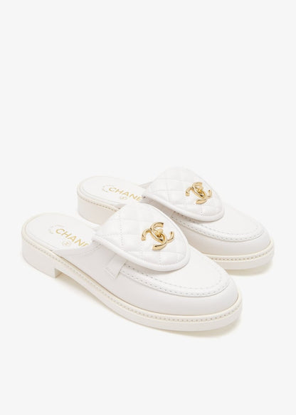 Channel White Quilted Leather Flat Mule Slides
