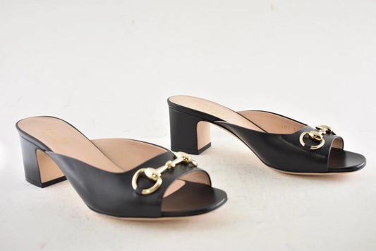 Gucci Black Leather Horsebit Block Heel Slide Sandals