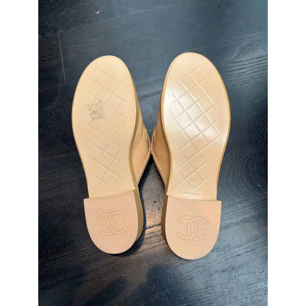 Channel Beige Quilted Leather Flat Mule Slides