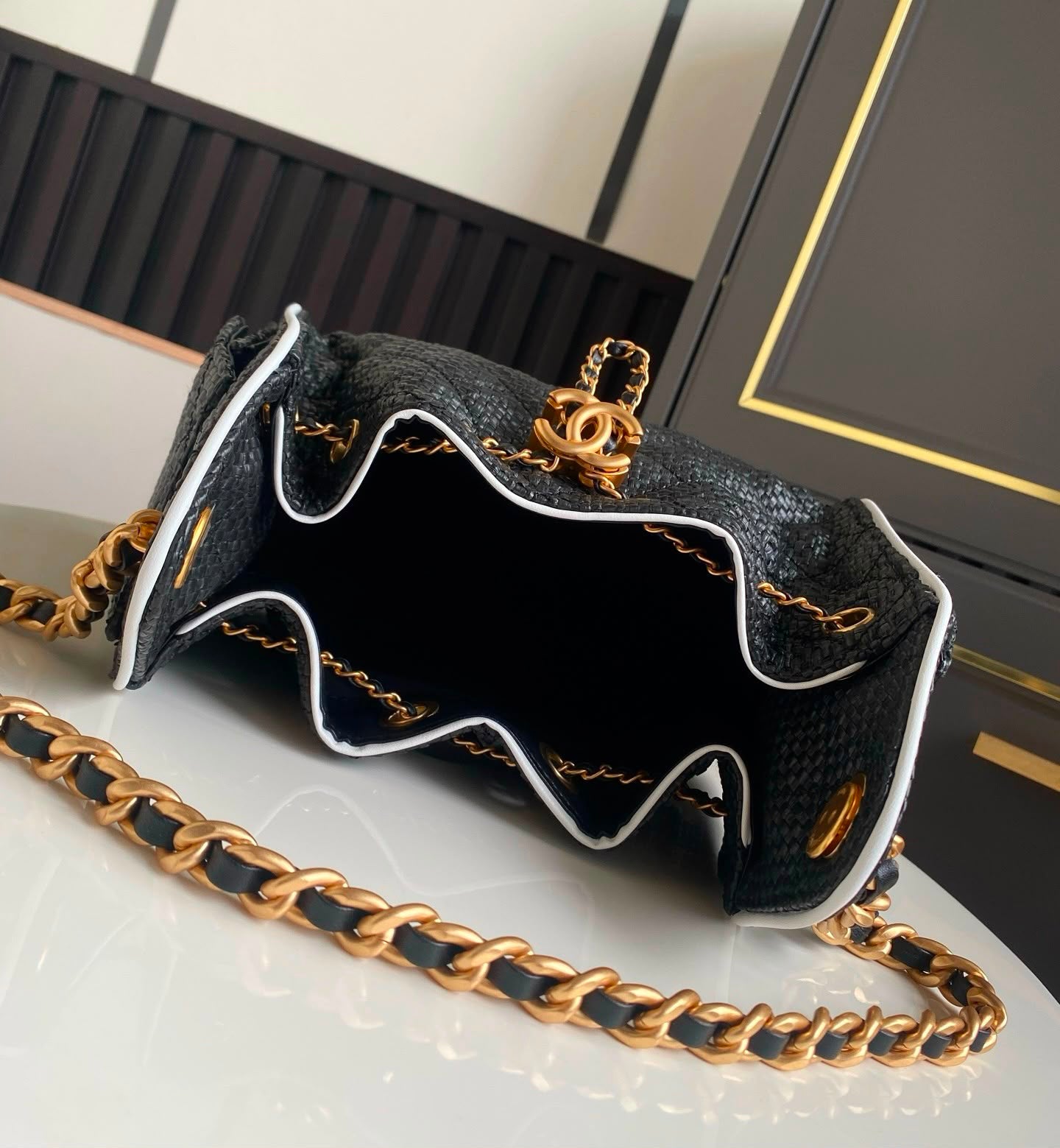 Channel Black Woven Quilted Bucket Bag.