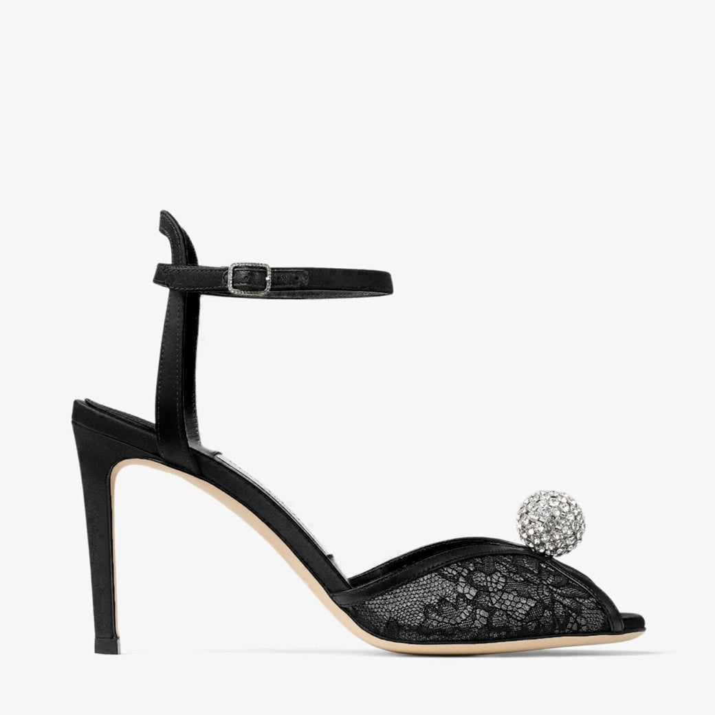 Jimmy Choo Black Lace Crystal-Heeled Sandals