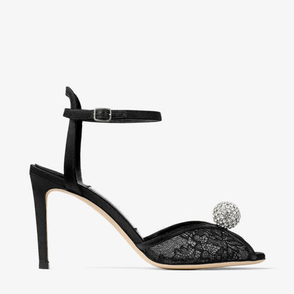 Jimmy Choo Black Lace Crystal-Heeled Sandals
