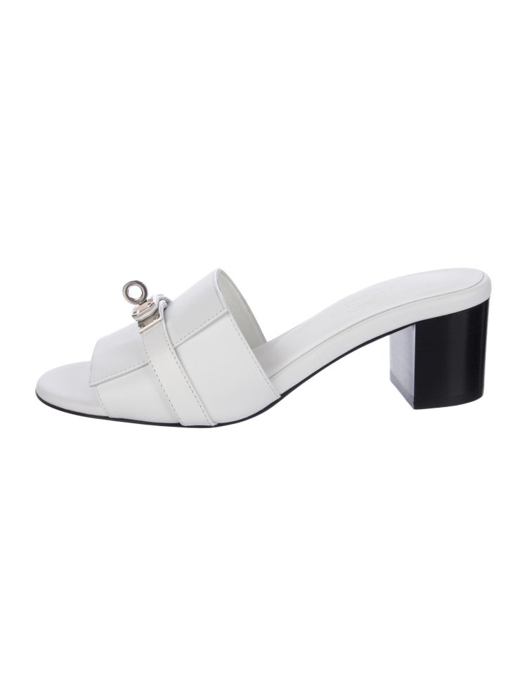 White Leather Slide Sandals with Silver Buckle – Hermès