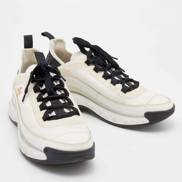 CHANEL Quilted Sole Mesh & Calfskin Sneakers–White/Black