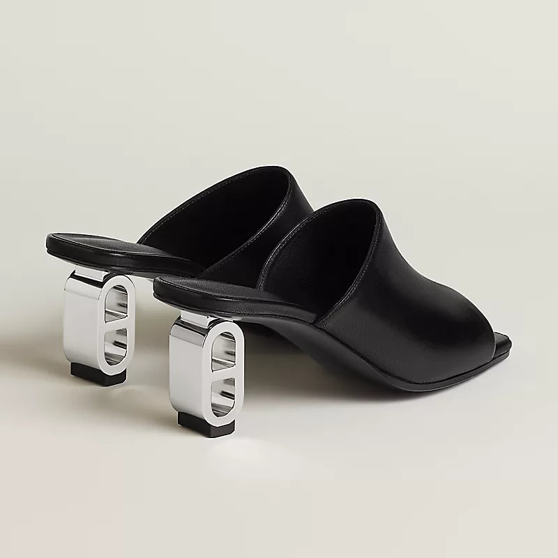 Hermès Black Leather-Link Sculptural Heel