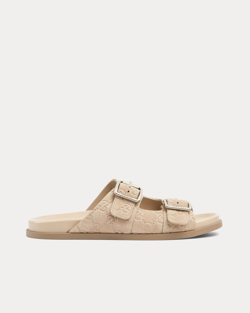 Gucci GG Double Buckle Suede Slide Sandals – Luxury Italian Footwear | Cream Ivory