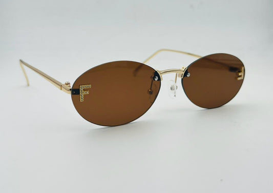 Fendi Style Gold Rimless Oval Sunglasses for Women – Brown Lens