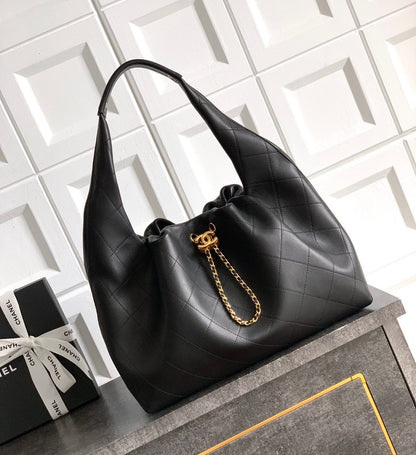 Channel Black Quilted Leather Hobo Bag with Chain Detail