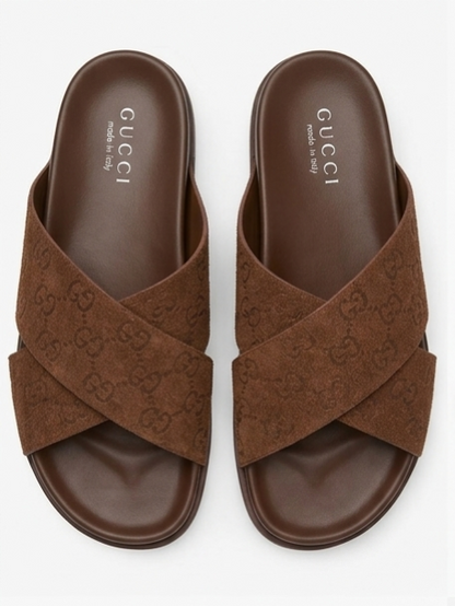 Gucci GG Suede Crossover Slide Sandals Brown Men's Designer Slides