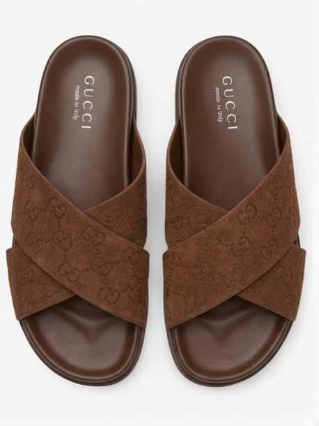 Gucci GG Suede Crossover Slide Sandals Brown Men's Designer Slides