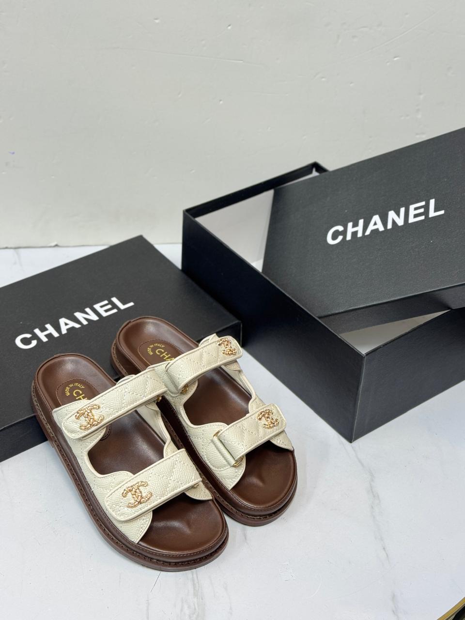 Channel Ivory Quilted Two-Tone Double Strap Sandals