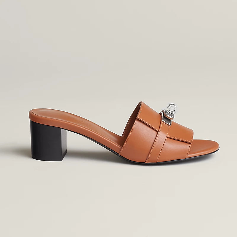 Cognac Leather Slide Sandals with Silver Buckle – Hermès