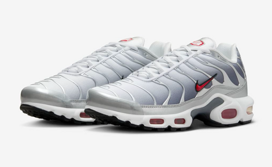 Nike Air Max Plus TN Sneakers – White Metallic Silver Red Swoosh Air Cushion Trainers