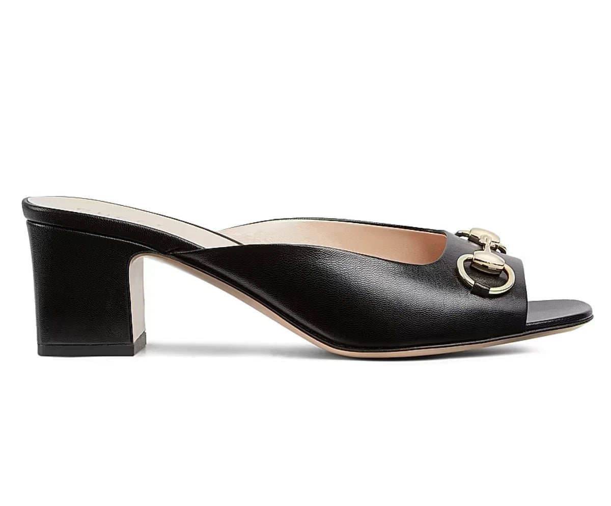 Gucci Black Leather Horsebit Block Heel Slide Sandals
